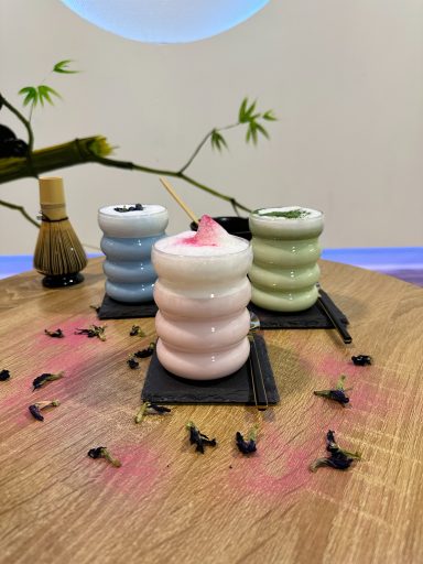 Butterfly, Pink & Matcha Milk Tea